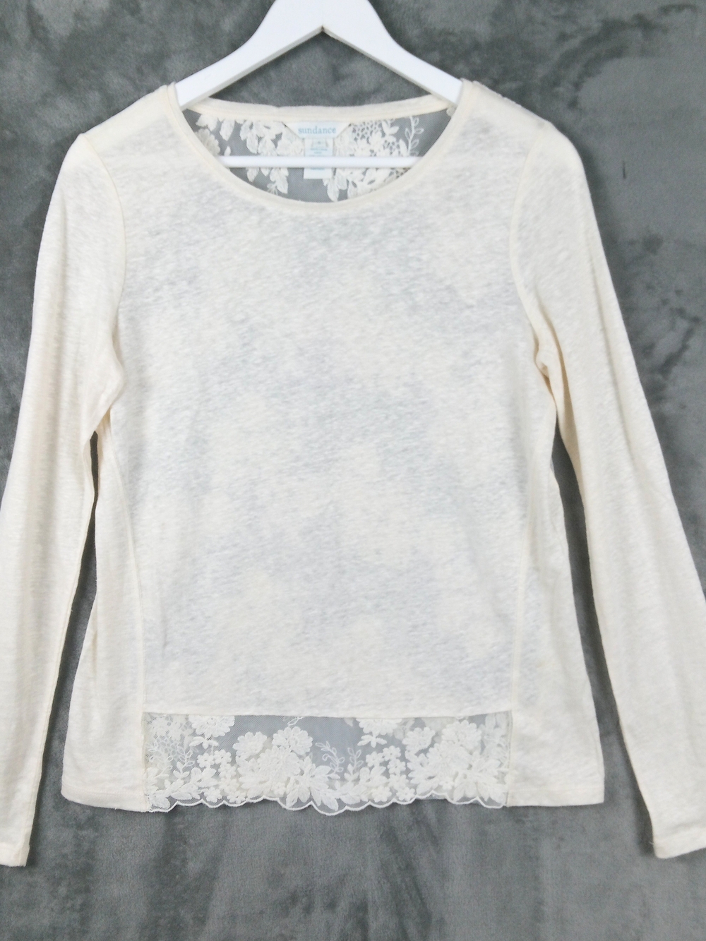 Sundance Womens Linen Lace Top Size S Ivory Long Sleeve Sheer Pullover